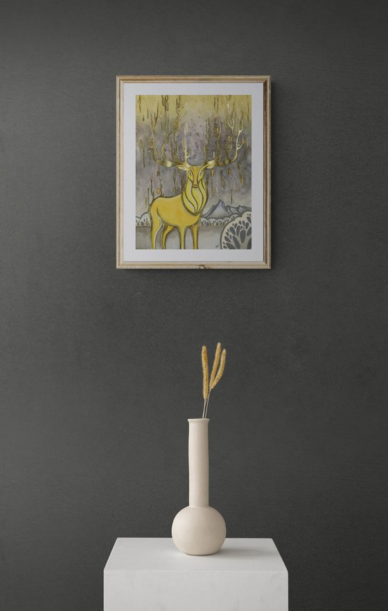 Golden deer, yellow deer on gray backgraund, gold leaf