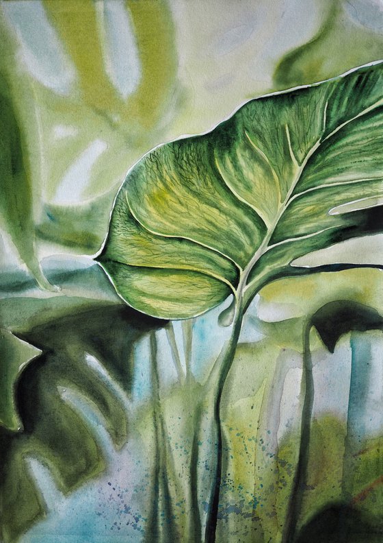 Leaf - original green watercolor tropical garden