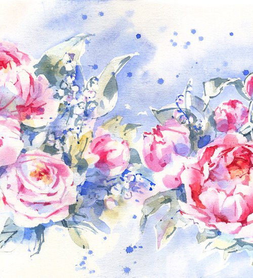 "Peonies" - Horizontal romantic flower composition frieze in pink tones watercolor by Ksenia Selianko