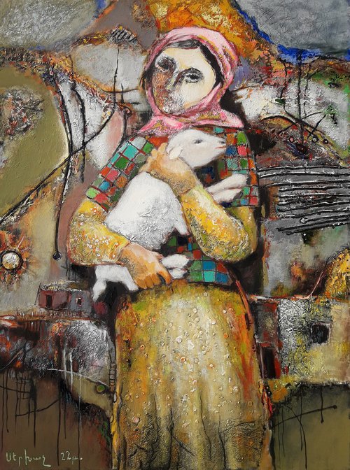 With lamb, 60x80cm, oil/canvas ready to hang by Sergey Xachatryan