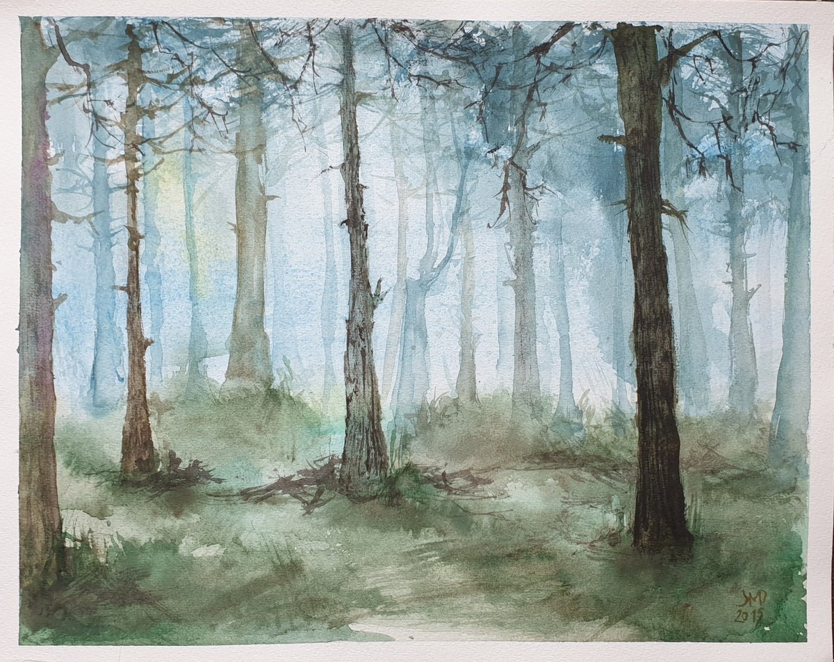 Impressionistic Landscape Drawing By Ksenia June, 12 X 9", Misty Forest Walk, Original Artwork