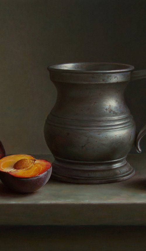 Antique pewter tankard with plums by Albert Kechyan