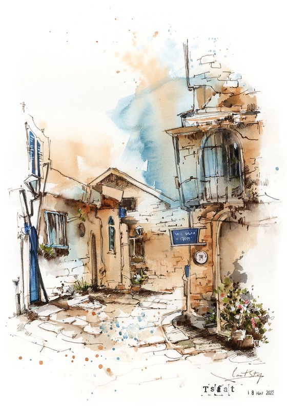 Tsfat Israel City - Architecture Mixed Media Painting