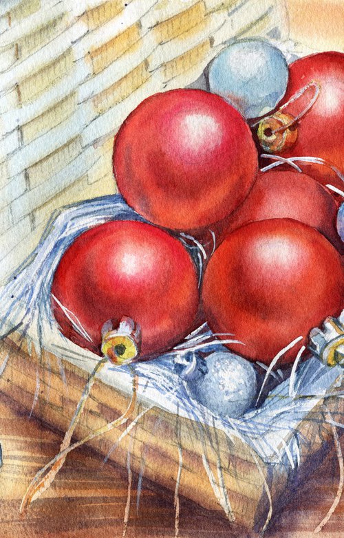 Christmas tree balls in a wicker box by SVITLANA LAGUTINA