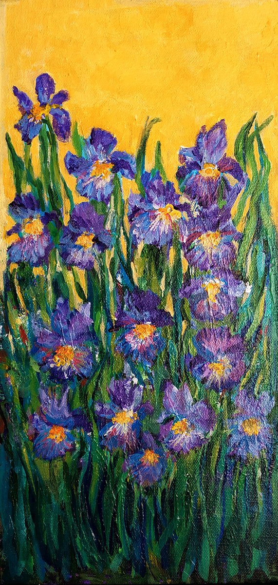 Impressionistic Botanical Acrylic Painting By Asha Shenoy, 10 X 18, Colorful Garden Irises, Original Artwork
