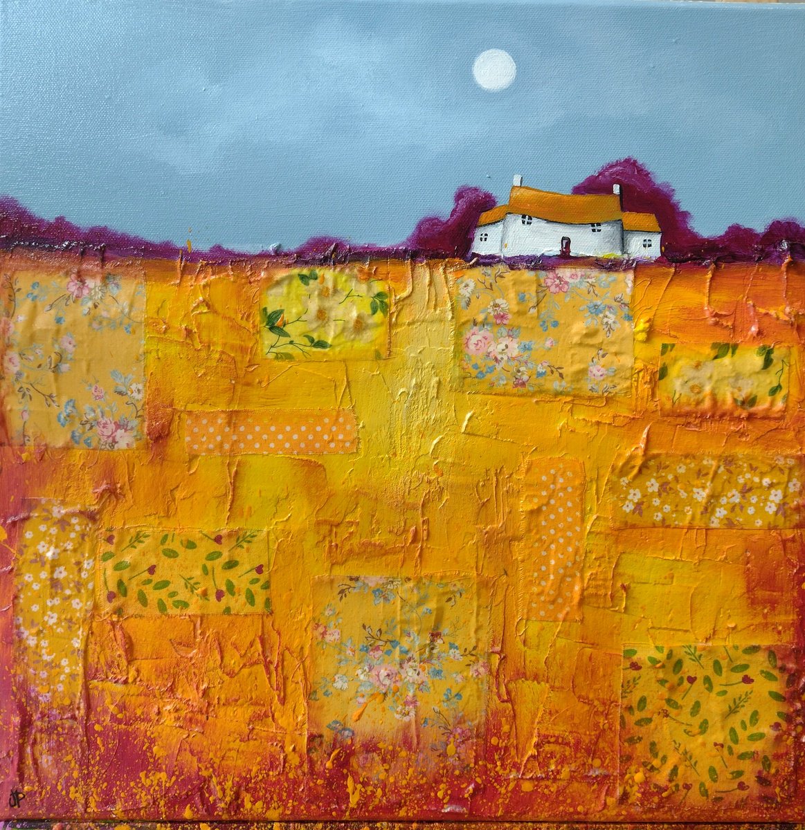 Little house on golden yellow patchwork field by Jane Palmer Art