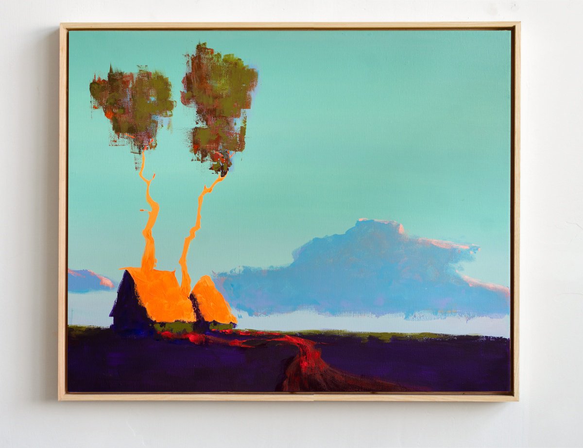 Naive Landscape Acrylic Painting By Bohdan Katolyk, 24 X 20, Hut In The Field, Original Artwork