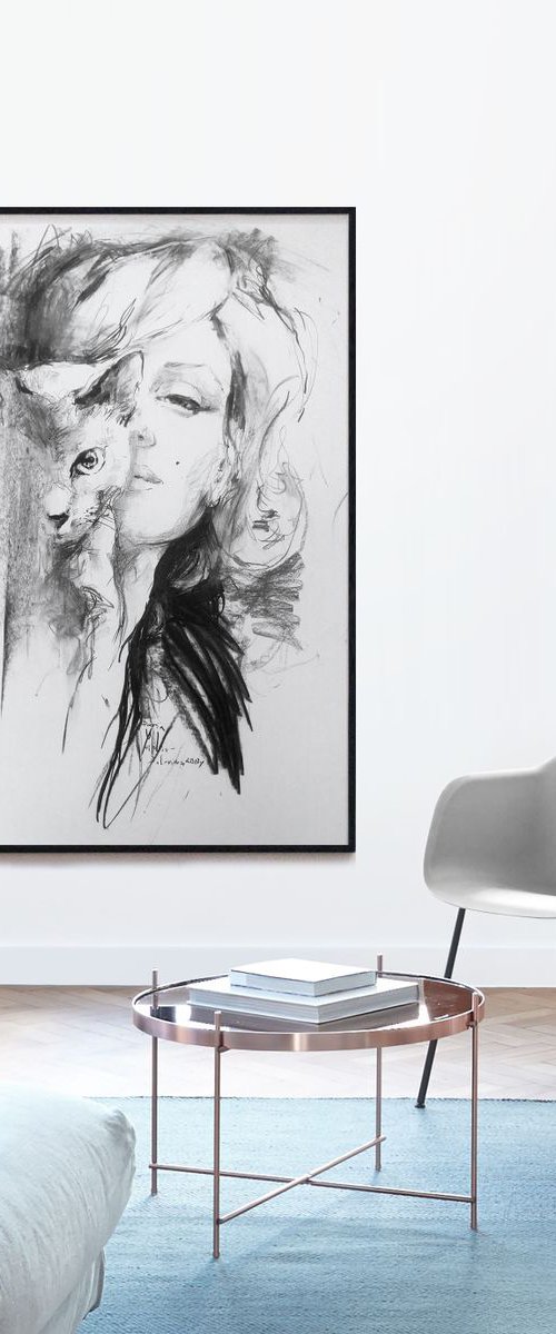 XL BIG Marilyn Monroe portrait with cat /Charcoal Modern Expressive Drawing Portrait / Cat /Celebrity Realistic Portrait by Daria Yablon-Soloviova