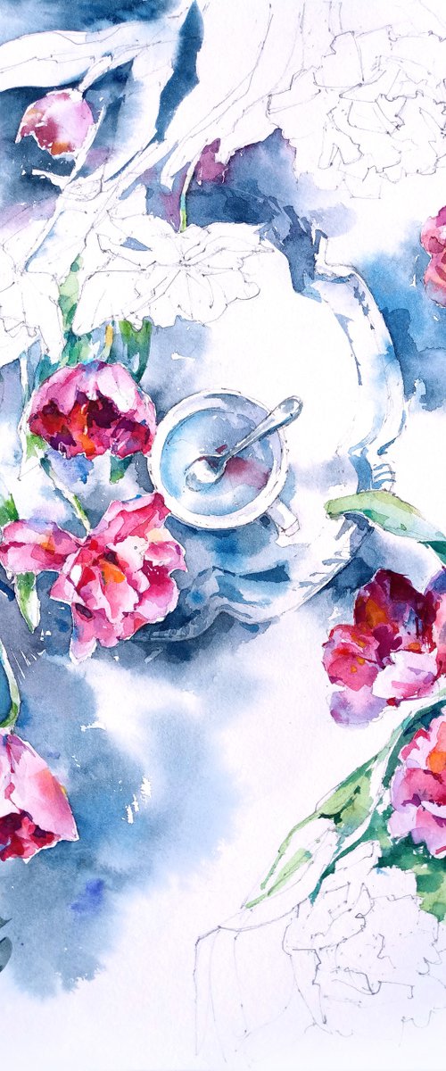 Original watercolor painting "Fantasy floral still life with tulips" by Ksenia Selianko