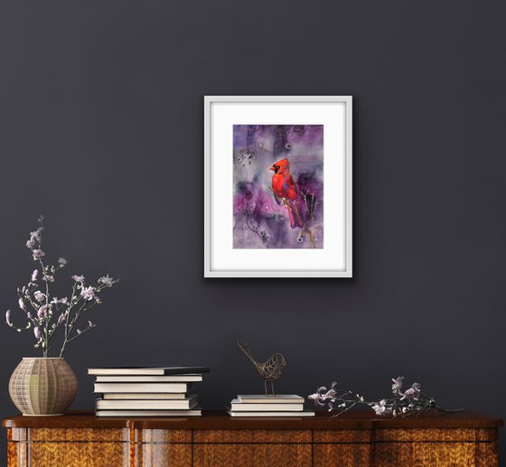 Bird watercolor painting - Red Cardinal wall art - Christmas gift for bird lover