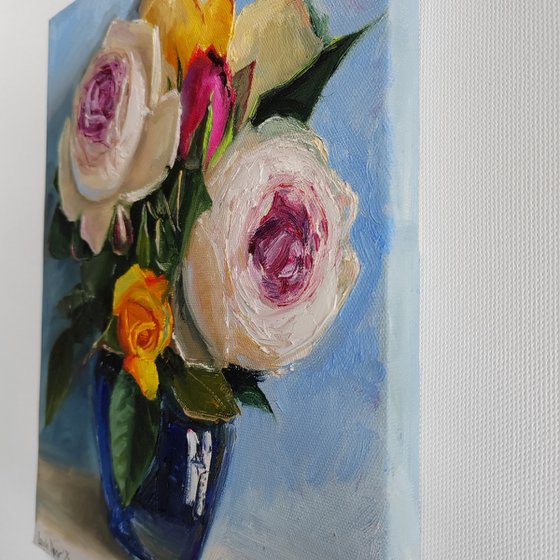 Pink and white roses bouquet in porcelian vase oil painting original still life 10x12"