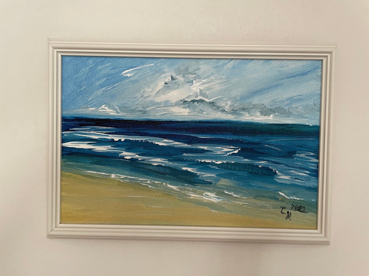 Abstract Landscape Acrylic Painting By Timea Valsami, 13 X 9", Blue Horizon Ii, Original Artwork