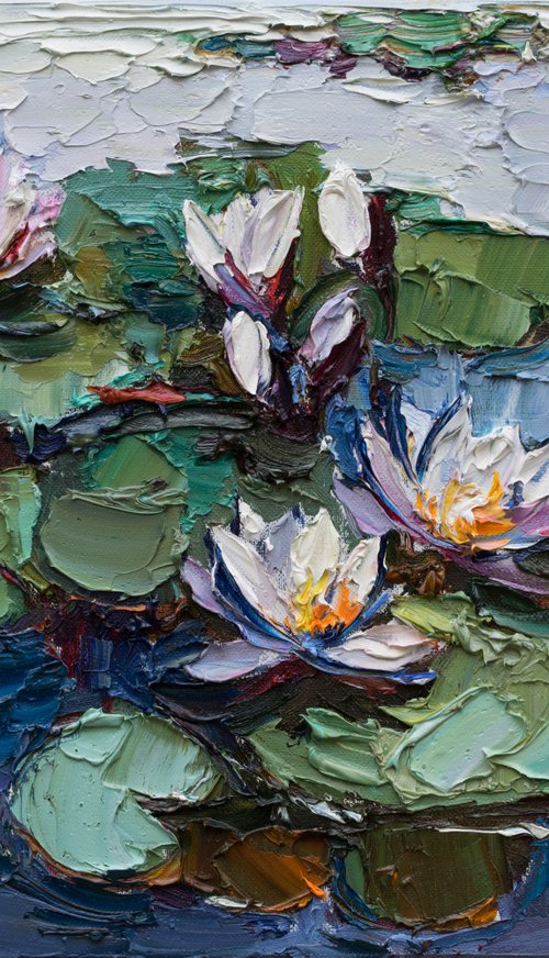 White water Lilies - Original impasto Oil painting by Anastasiia Valiulina