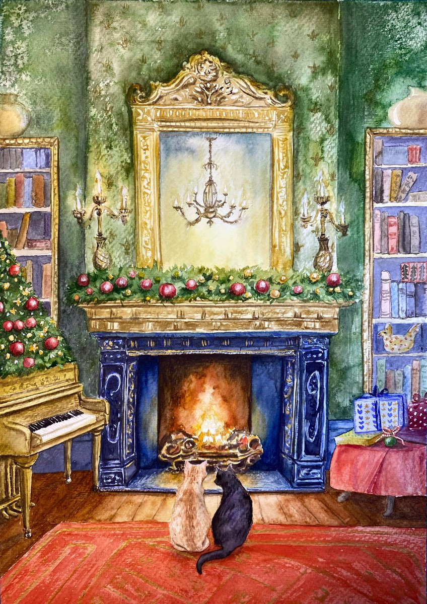 Naive Animal Watercolour By Tetiana Savchenko, 12 X 17", Christmas Eve With Cats, Original Artwork