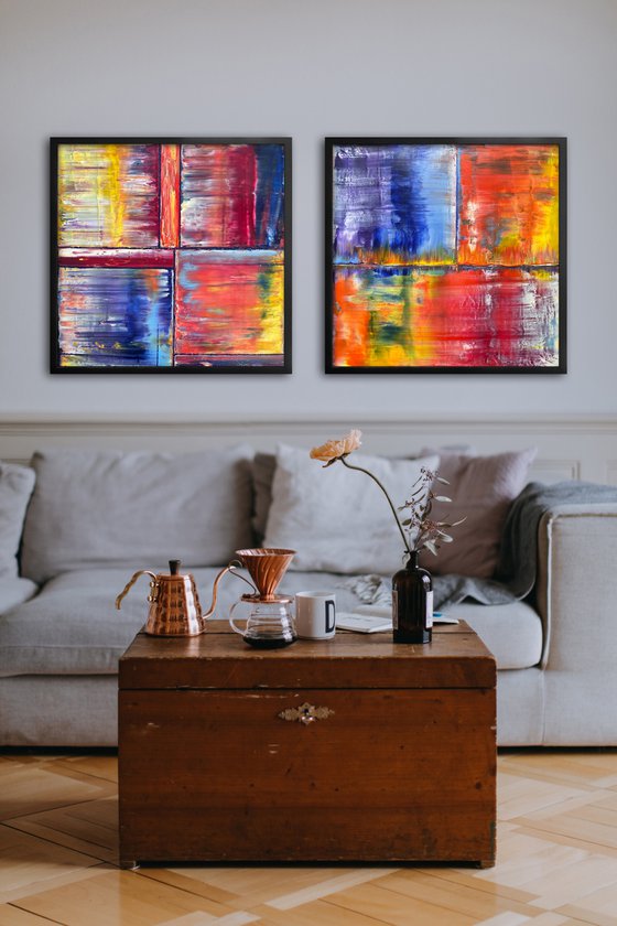 "Birds Of A Feather" - Save As A Series - Original PMS Abstract Diptych Oil Paintings On Plexiglass, Framed - 52" x 26"