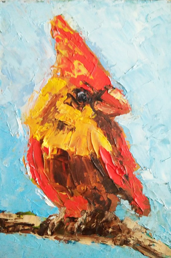 Cardinal Painting Original Art Yellow Red Bird Artwork Small Wall Art Home Decor