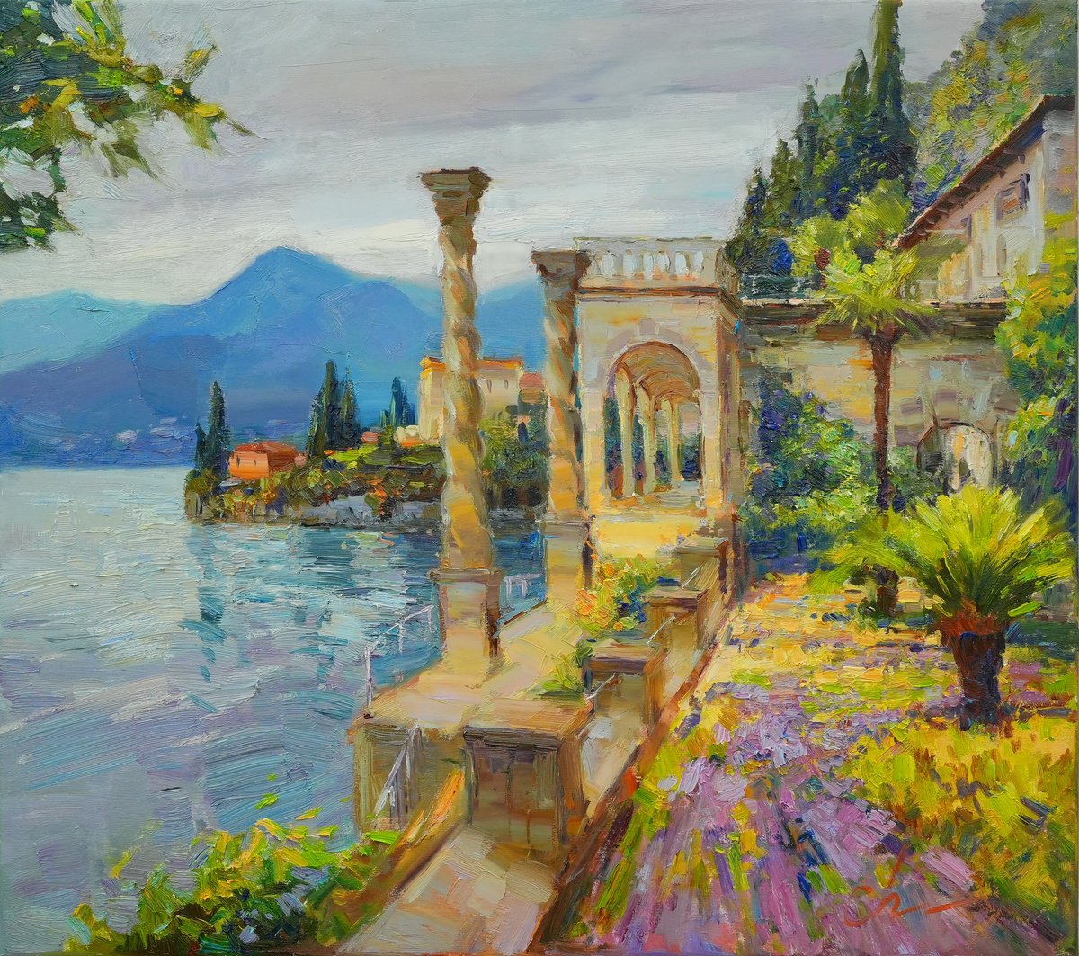 Impressionistic Cityscapes Oil Painting By Serhii Cherniakovskyi, 33 X 30", Unforgettable Lake Como, Original Artwork