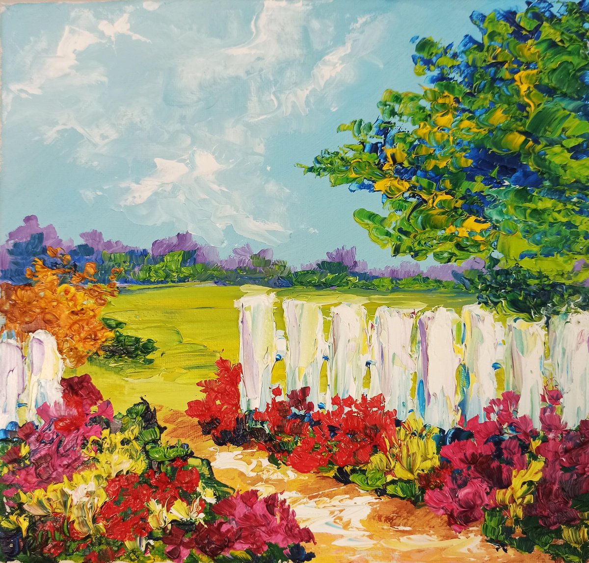 Impressionistic Botanical Oil Painting By Oksana Fedorova, 10 X 10", Fence And Flowers In Village, Original Artwork
