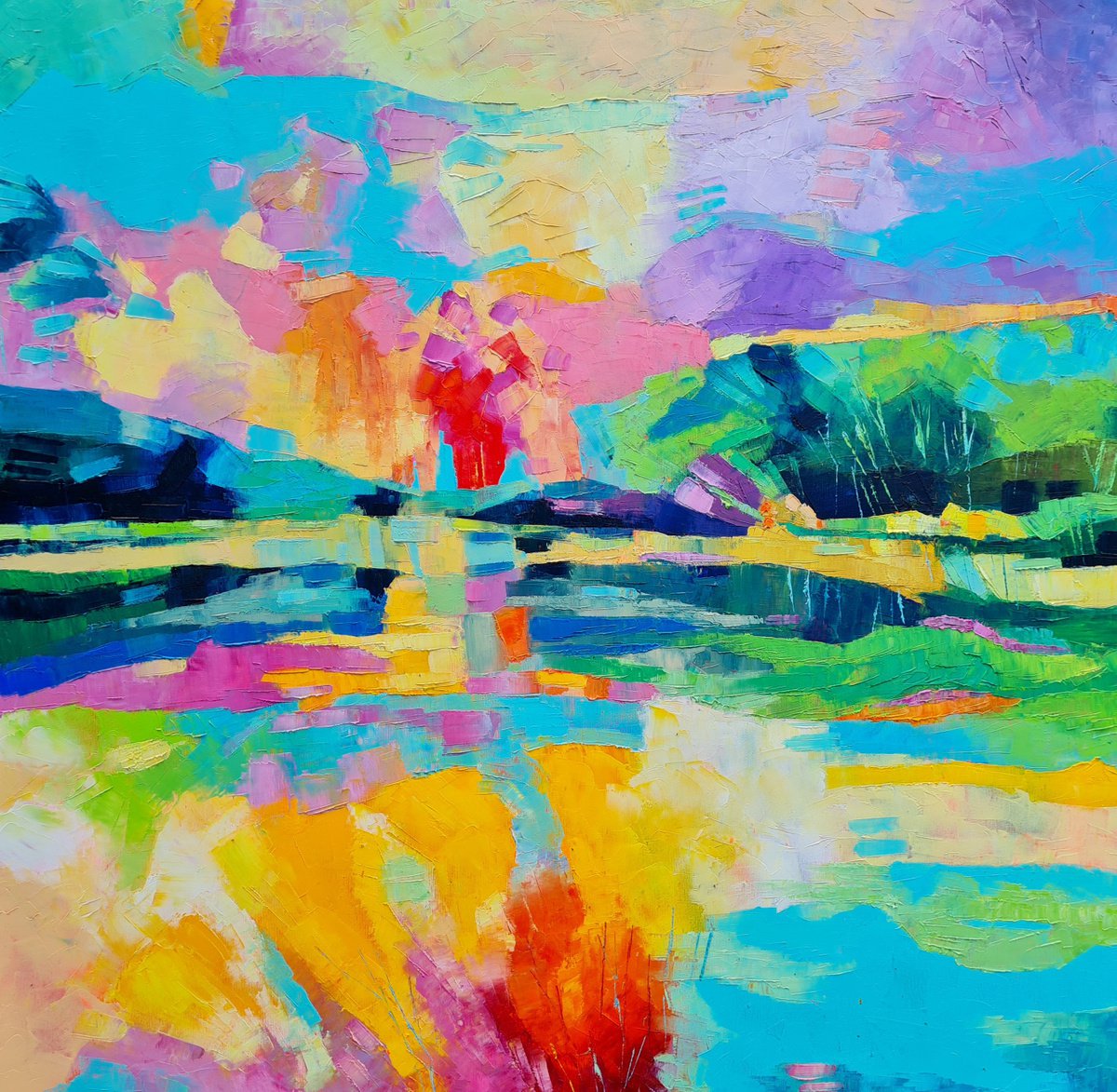 Impressionistic Landscape Oil Painting By Simon Tunde, 39 X 39", Candy Landscape, Original Artwork