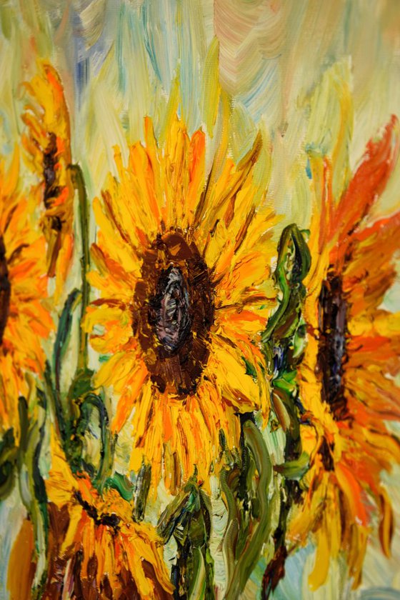 Sunflowers palette knife impasto oil painting on canvas