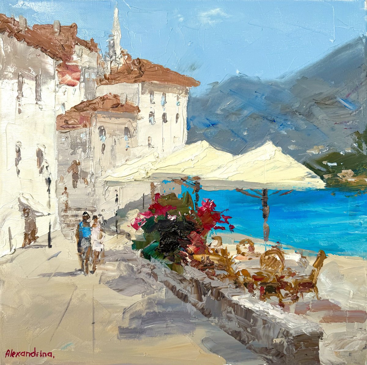 Impressionistic Landscape Oil Painting By Irina Alexandrina, 14 X 14, Cafe. Mediterranean Sea., Original Artwork