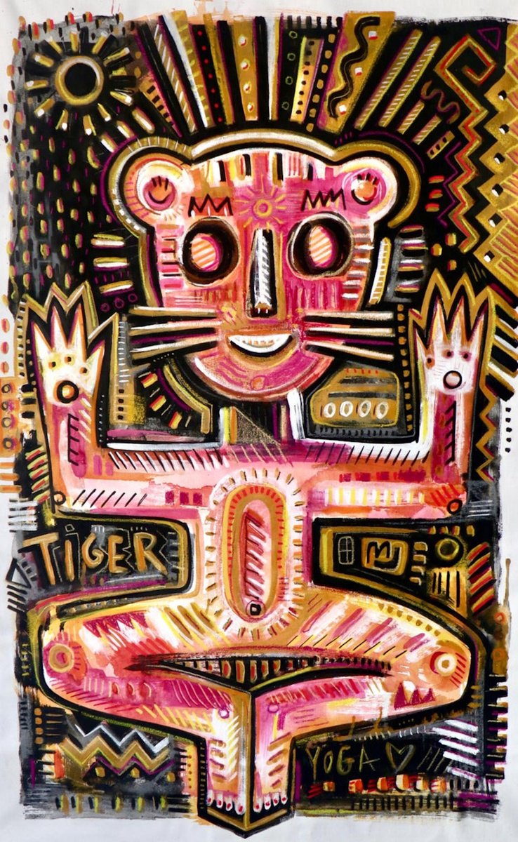 Impressionistic Animal Acrylic Painting By Daria Kusto, 35 X 59, Tiger Yoga, Original Artwork