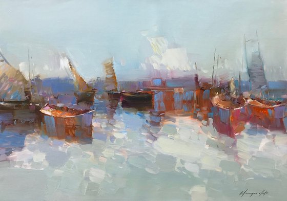 Harbor, Original oil painting, Handmade artwork, One of a kind