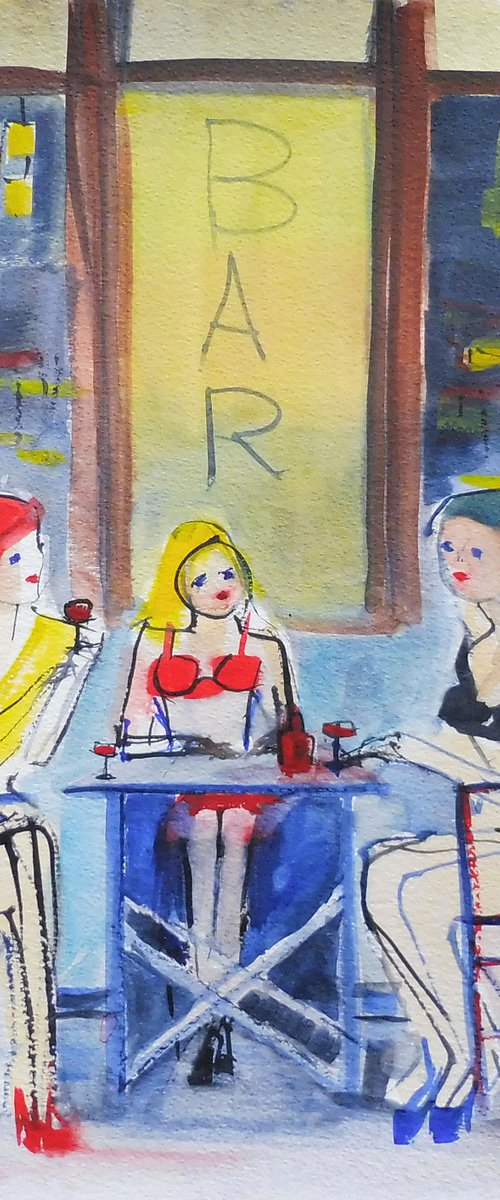 GIRLS RED WINE CAFE. Original Impressionistic Figurative Watercolour Painting. by Tim Taylor