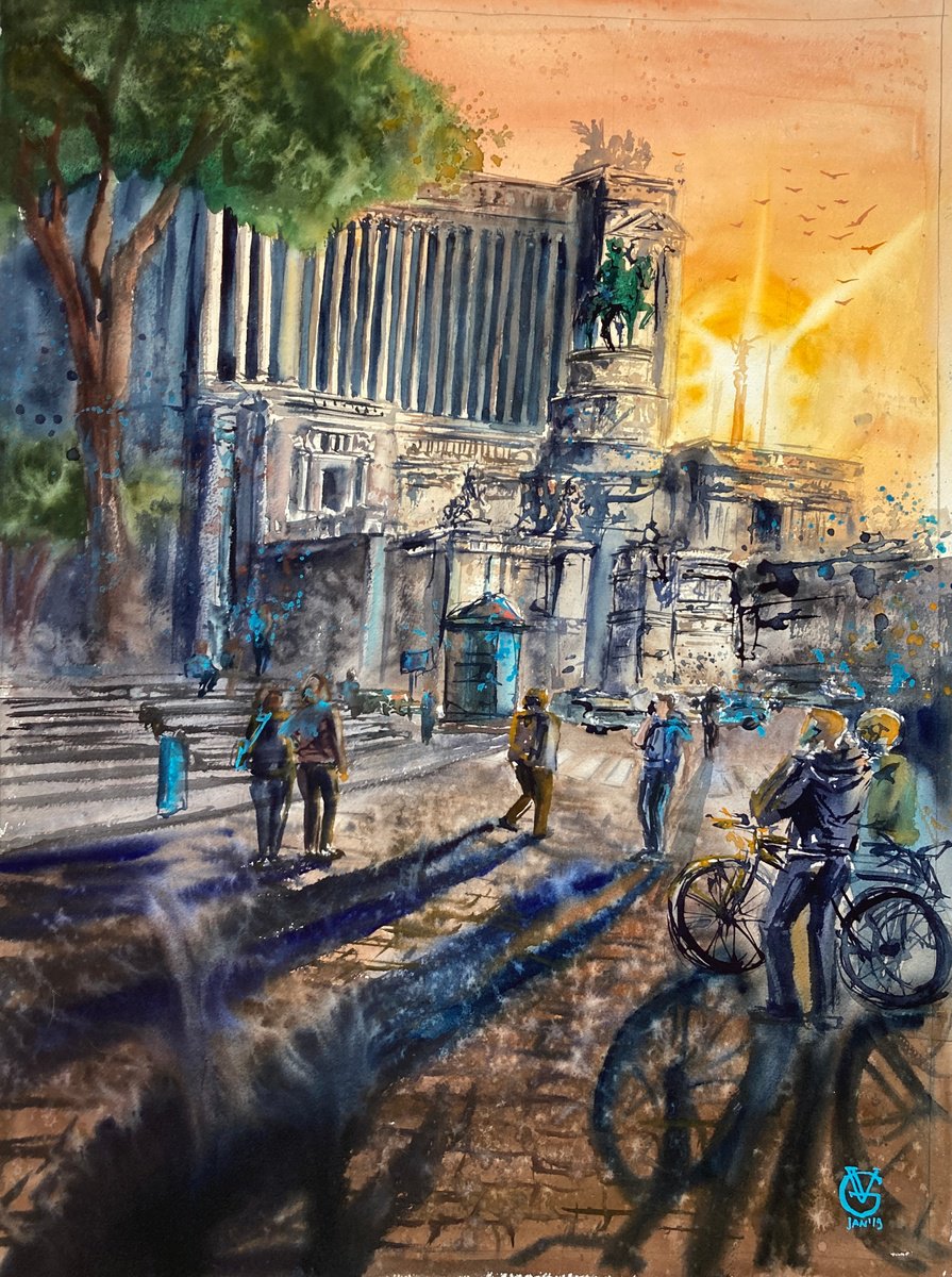 Impressionistic Cityscapes Watercolour By Valeria Golovenkina, 22 X 30", Vittoriano, Original Artwork