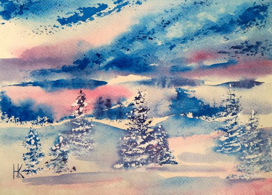 Appalachian Winter Painting Christmas Original Art Mountains Small Winter Forest Watercolor Landscape Artwork Home Wall Art 10 by 7" by Halyna Kirichenko