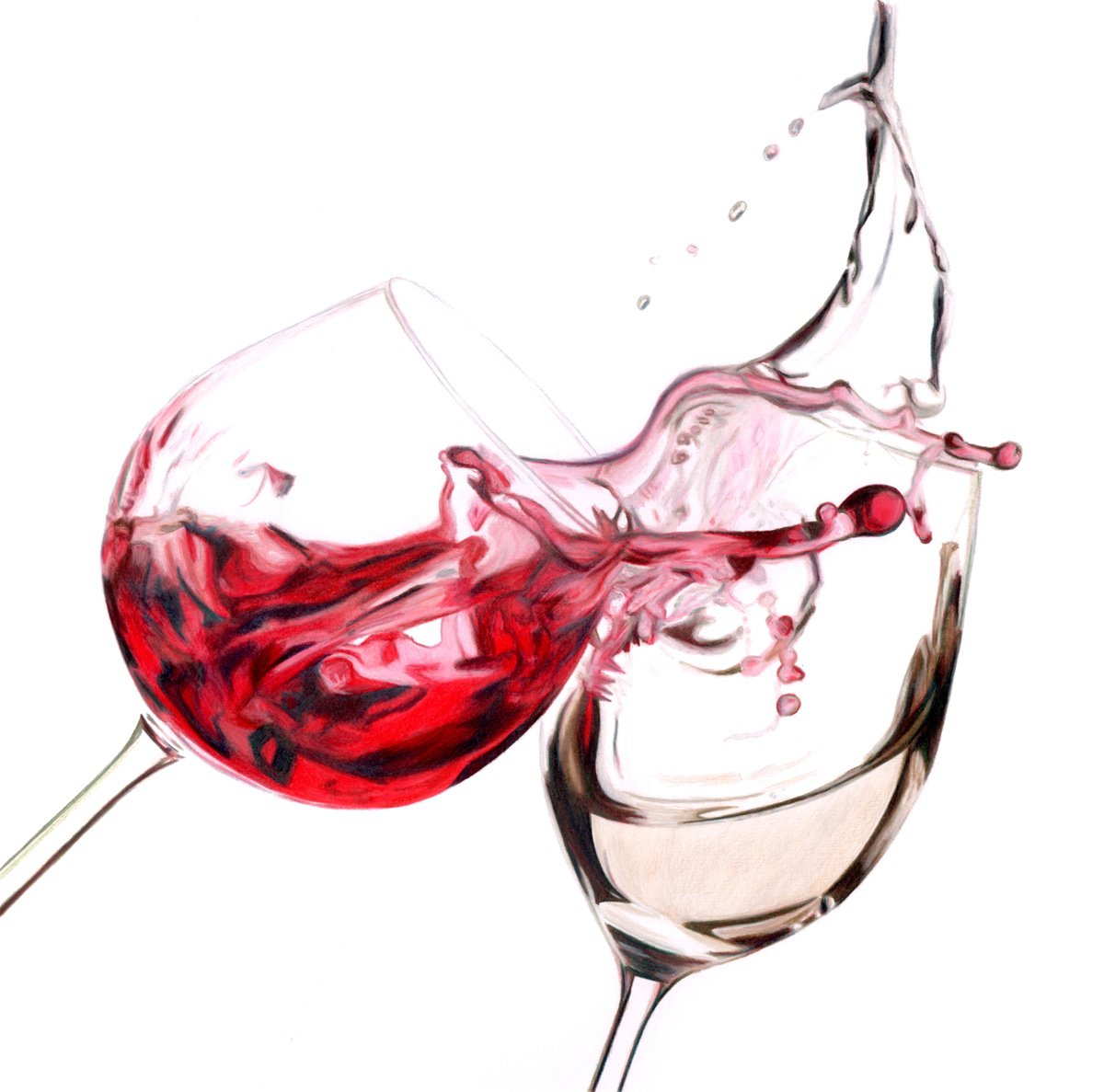 Photorealistic Pencil Drawing , Red And White Wine Splash By Paul Stowe, 16 X 16, Artwork For Sale On Artfinder