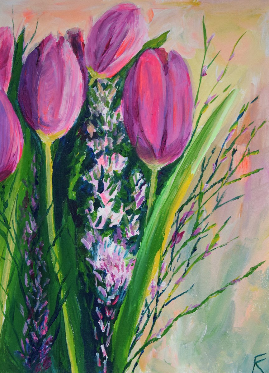 Pink tulips acrylic painting, flower wall art, gift for her by Kate Grishakova