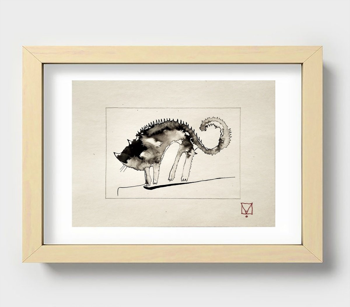 Graphic Animal Ink Drawing By Marya, 7 X 5", "Cat", Original Artwork