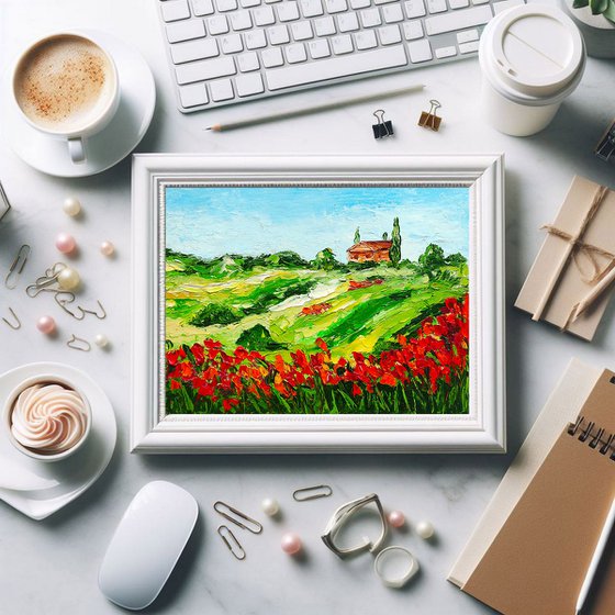 Tuscany Painting Poppy Original Art Landscape Oil Painting Impasto Small Artwork Meadow Wall Art