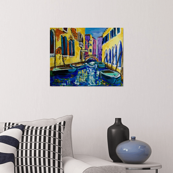 VENICE CANAL BRIDGE. HOME DECOR. PALETTE KNIFE OIL PAINTING. OFFICE URBAN WALL ART