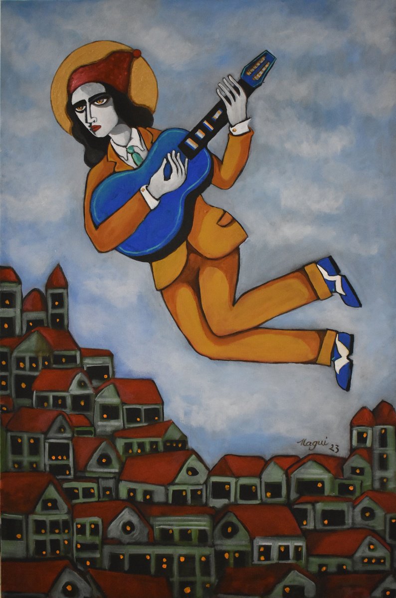 Expressive Portrait Acrylic Painting By Nagui, 24 X 36", Halo, Original Artwork