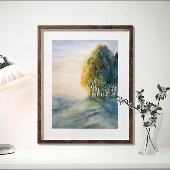 Serenity -  sunrise hills forest  original watercolor landscape