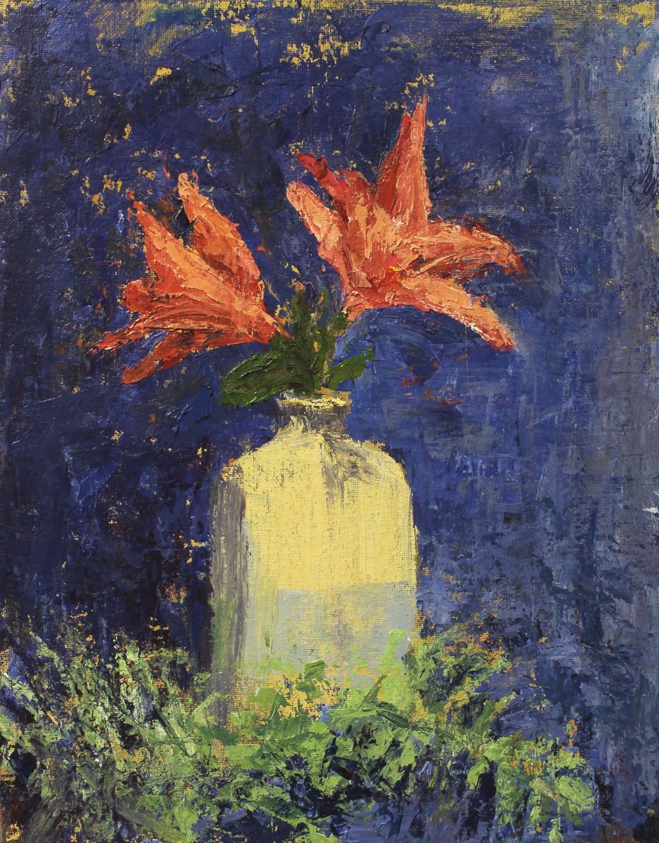 Impressionistic Still Life Acrylic Painting By John Fleck, 11 X 14, Flowers In Ceramic Bottle, Original Artwork