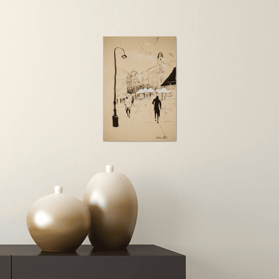 Vienna 2. Original liner and pastel drawing. Sketch urban liner minimalistic craft travel home decor small monochrome