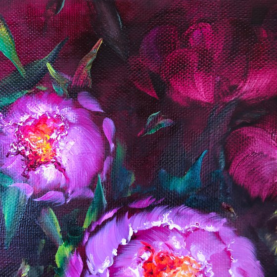 ROMANTIC TWILIGHT - Set. Oil diptych of Pink peonies on a dark background. Two paintings with peonies. Double panel with peonies on the wall.