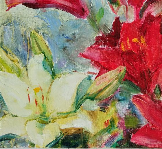 Lilies. Summer moments. Original plein air oil painting
