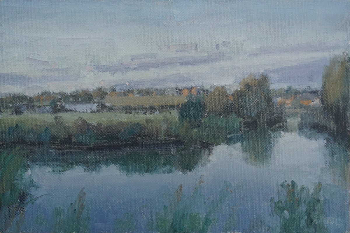 Impressionistic Landscape Oil Painting By Alex James Long, 14 X 10, River Windrush, Dusk, Original Artwork