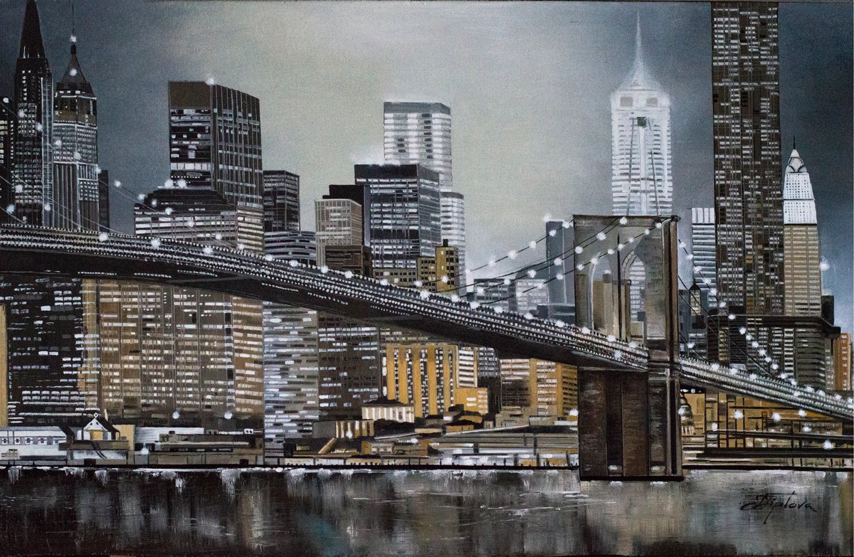 Impressionistic Cityscapes Oil Painting By Tetiana Tiplova, 27 X 18", An Evening In New York, Original Artwork