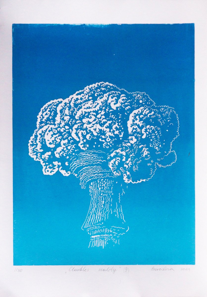 Landscape Linocut By Anastasia Borodina, 14 X 20, Cloudless Reality Ii - Linocut Print, Original Artwork