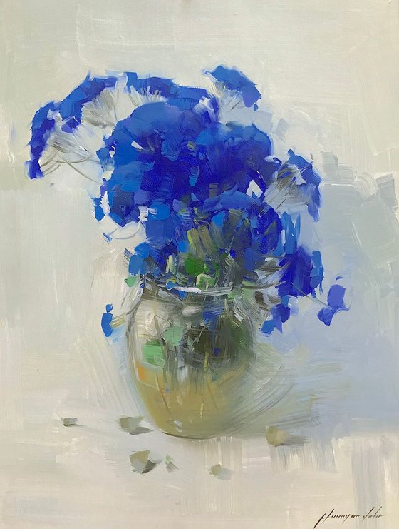 Blue Flowers, Oil painting, One of a kind, Handmade artwork