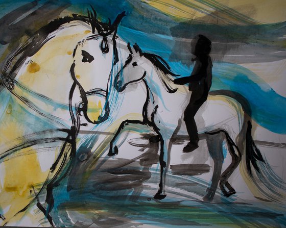 Dynamic horse sketch, horses at sunny beach