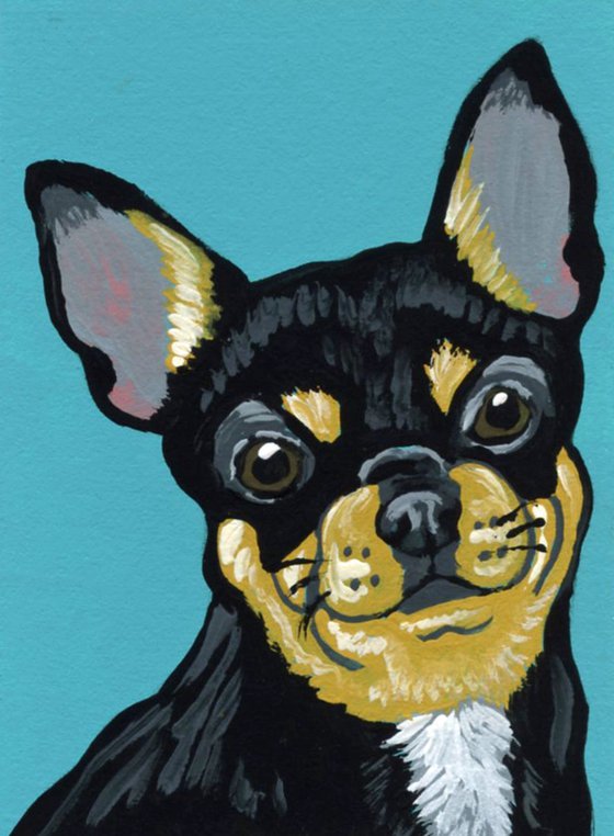 ACEO ATC Original Miniature Painting Black and Tan Chihuahua Pet Dog Art-Carla Smale