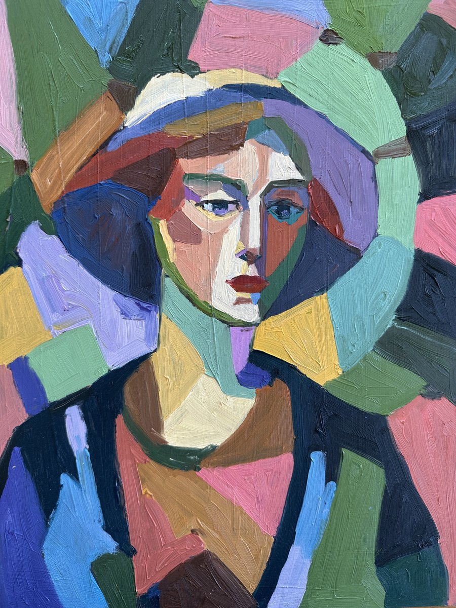 Expressive Portrait Oil Painting By Irina Anis, 12 X 16, Portrait Of A Woman In A Hat, Original Artwork
