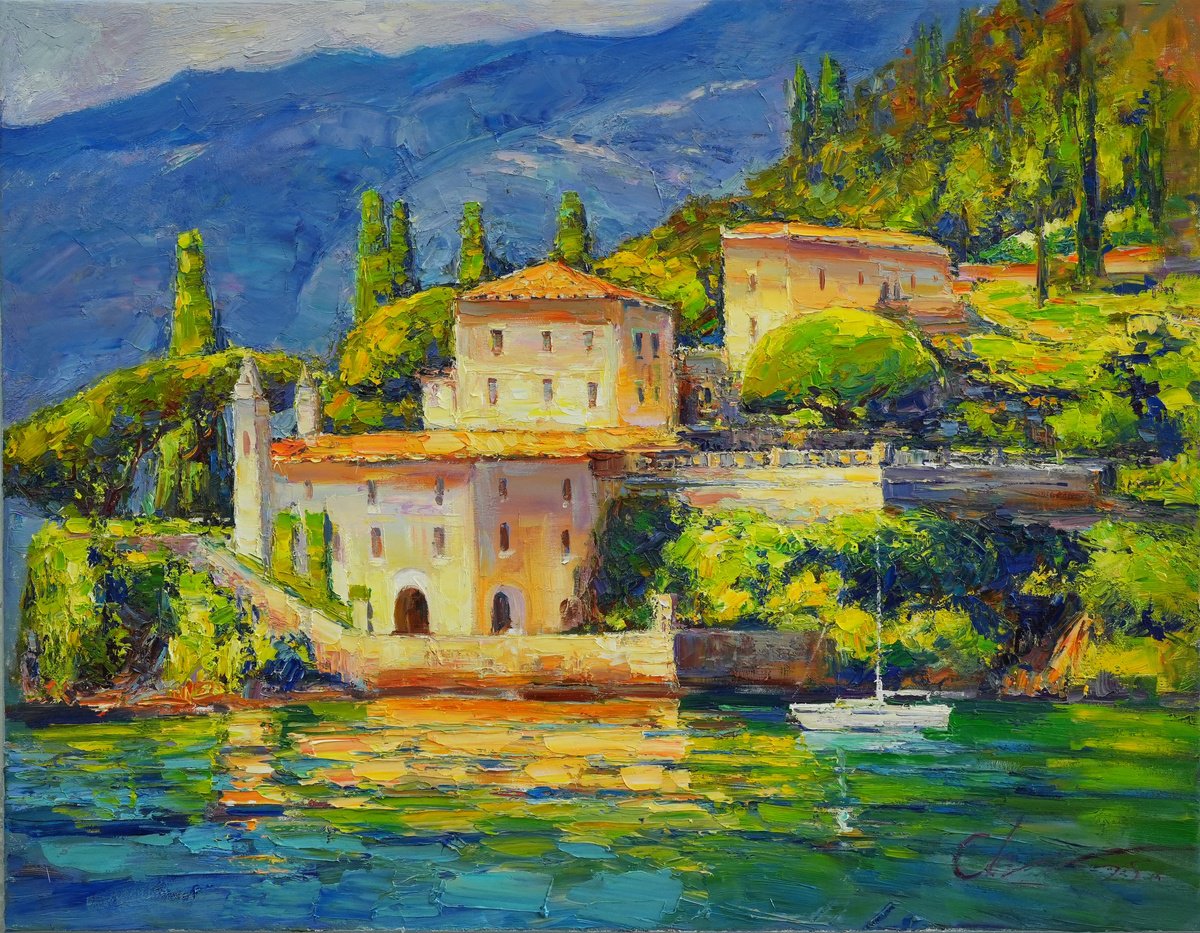 Impressionistic Cityscapes Oil Painting By Serhii Cherniakovskyi, 35 X 28", Veranna, Lake Como, Original Artwork