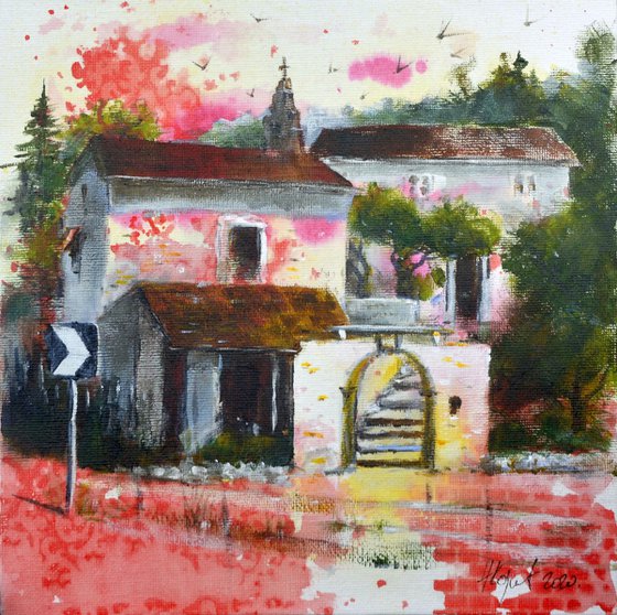 Vines and olive courtyard Gouvia Corfu Greece 20x20cm 2020